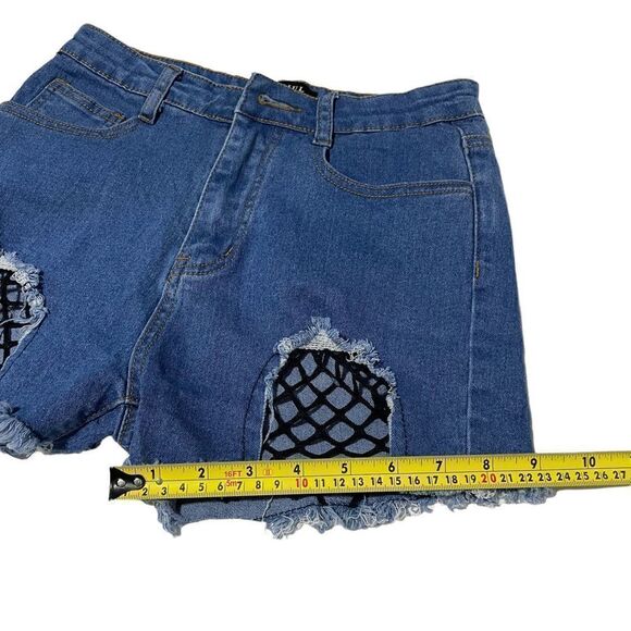 Banjul Women’s Blue Jean Shorts with Black Stocking Cut Outs Size Small - Picture 13 of 15